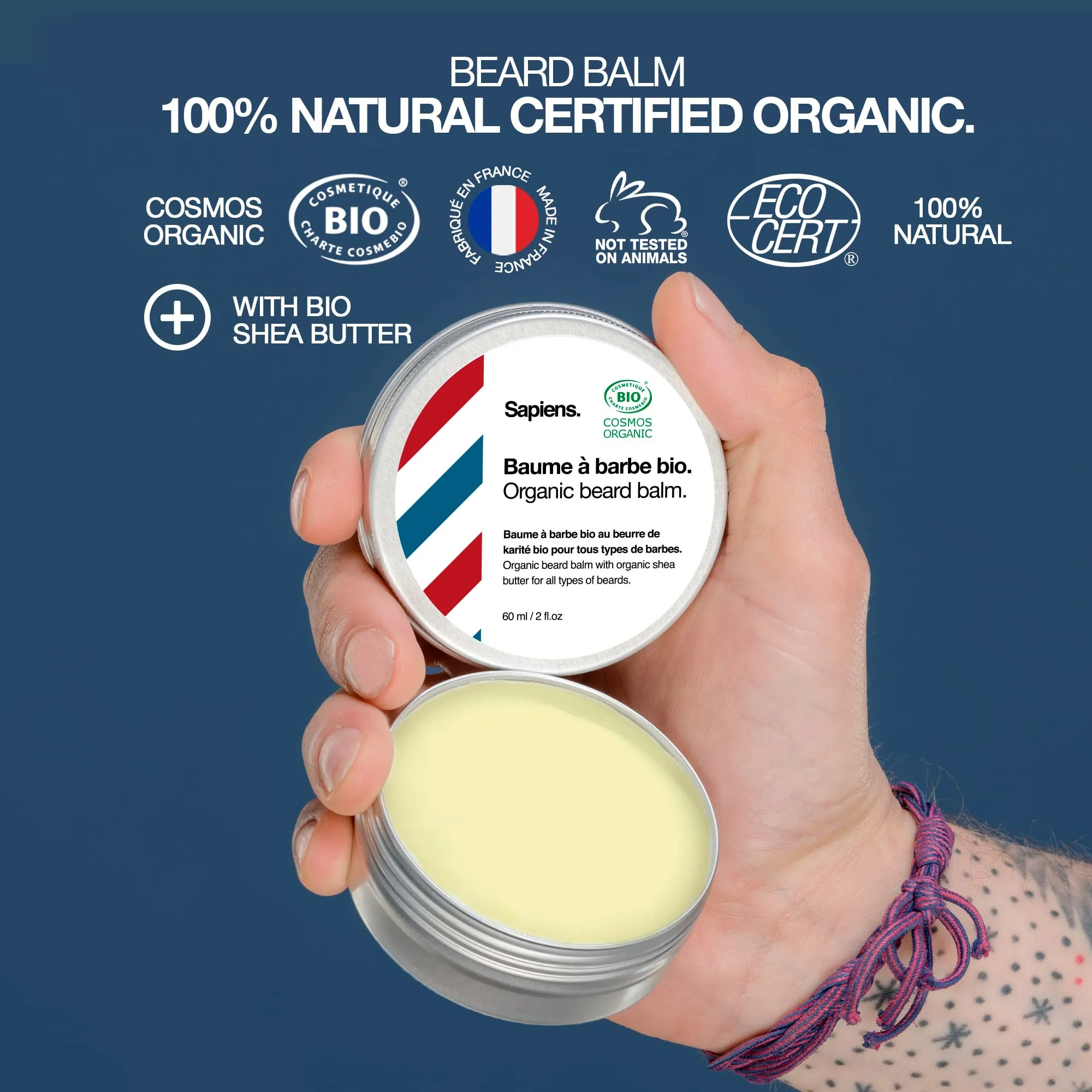 Beard Balm for Men 60ml Sapiens Barber Shop - Organic Certified by Ecocert - Beard and Moustache Wax with Shea Butter and Castor Oil - Moisturising and Structuring Beard Care Balm - Made in France