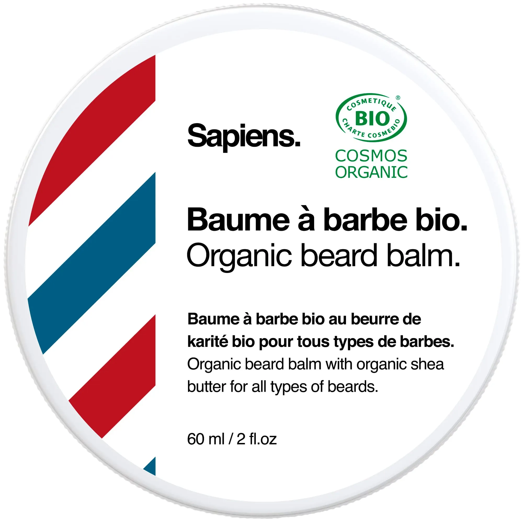 Beard Balm for Men 60ml Sapiens Barber Shop - Organic Certified by Ecocert - Beard and Moustache Wax with Shea Butter and Castor Oil - Moisturising and Structuring Beard Care Balm - Made in France